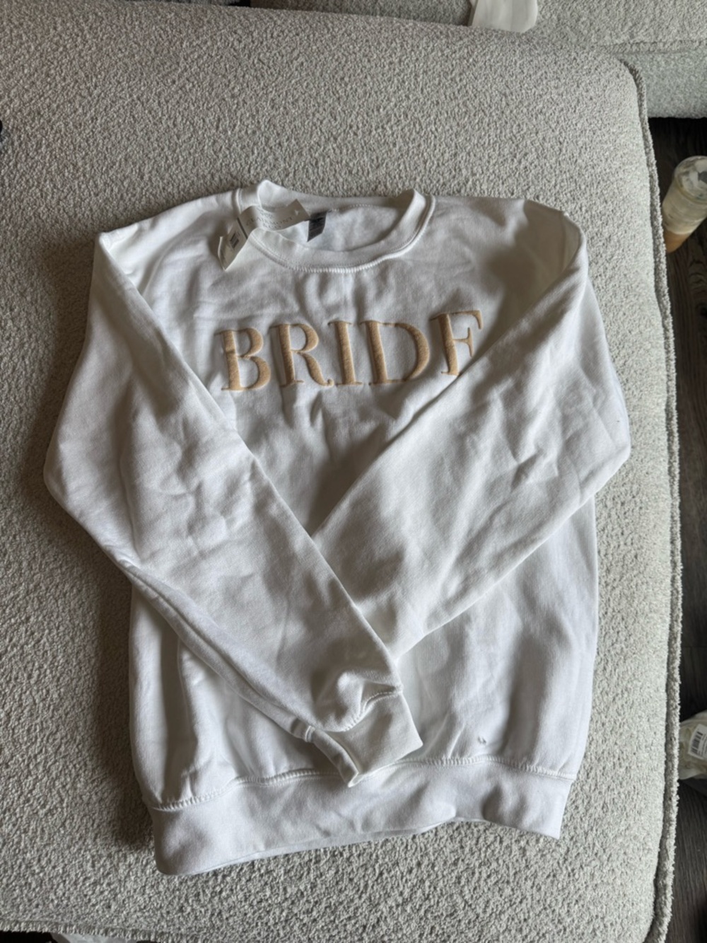 Gildan White Crewneck Sweatshirt with Beige 'BRIDE' Embroidery